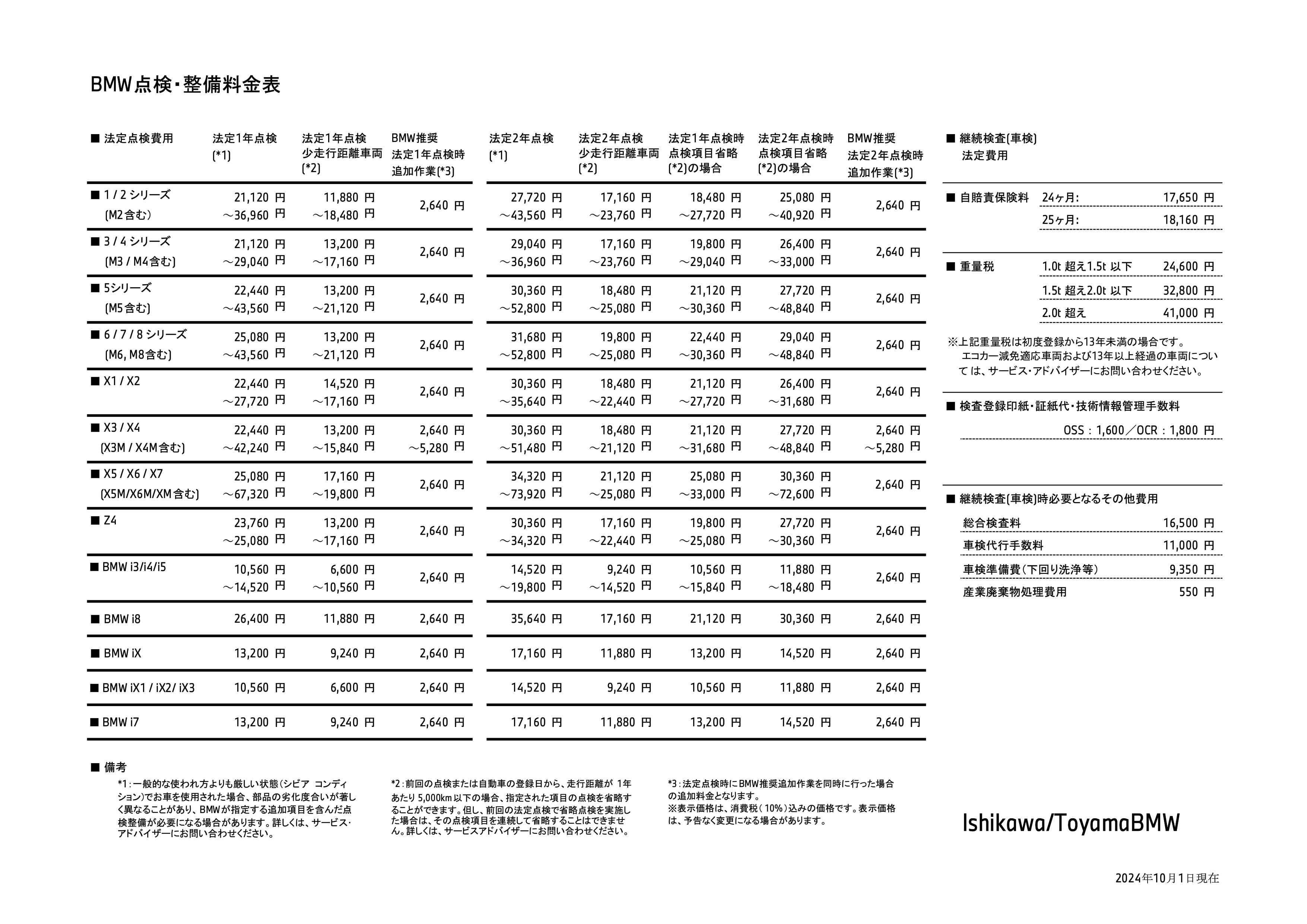 点検整備料金表