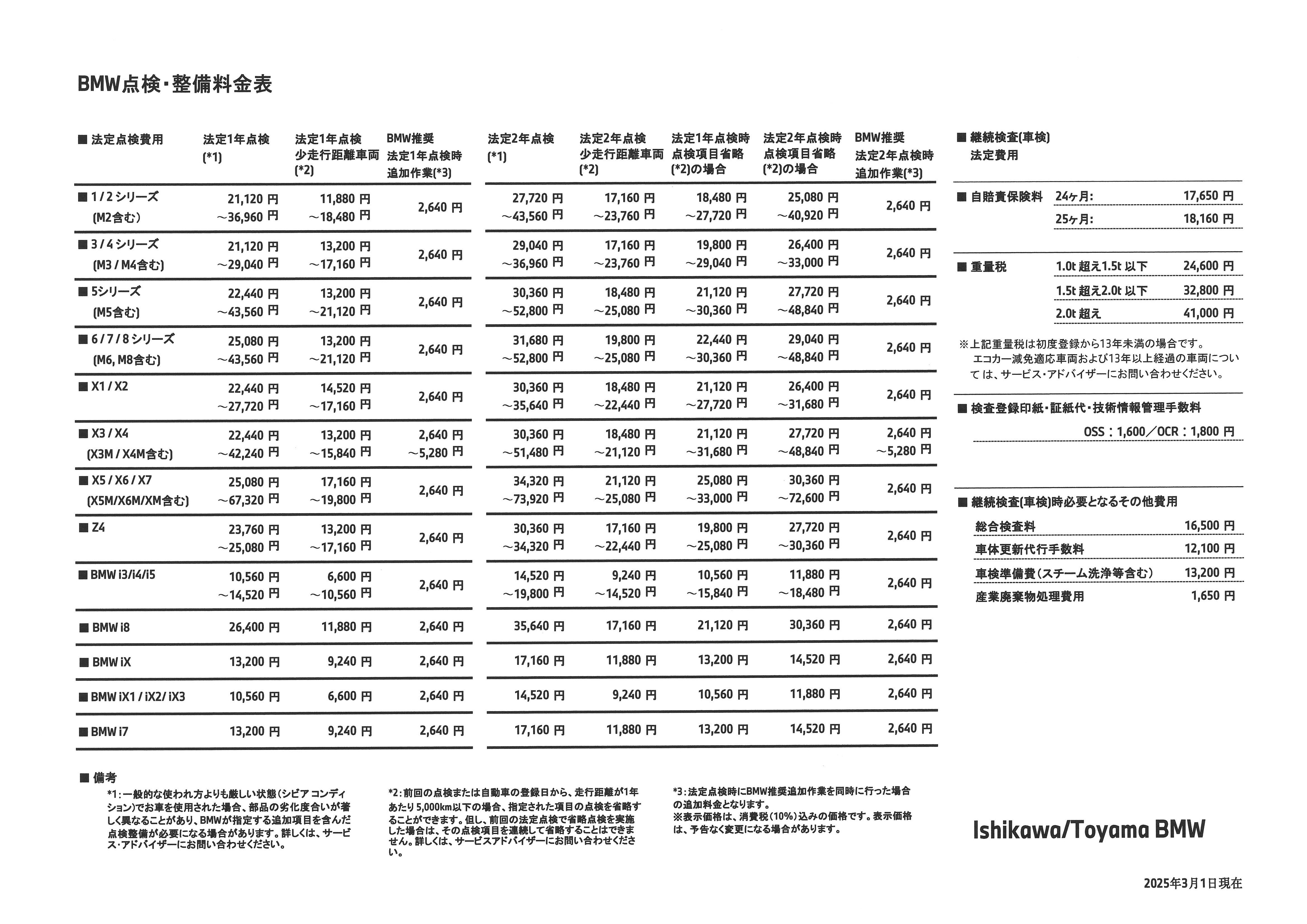 点検整備料金表